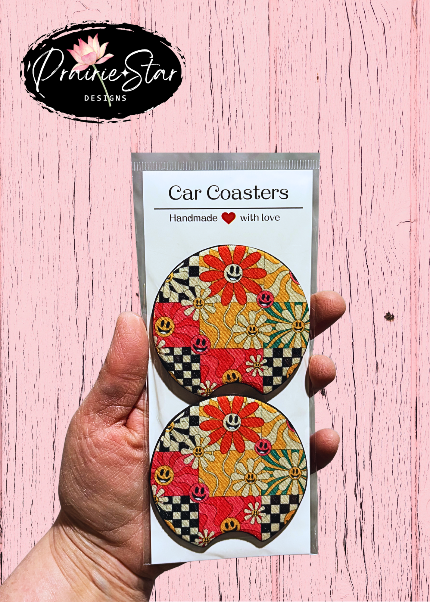Car Coaster Retro Plaid Smiley