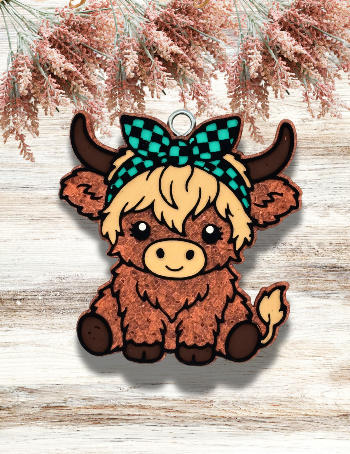 Freshie Highland Cow with Checkered Headband Teal