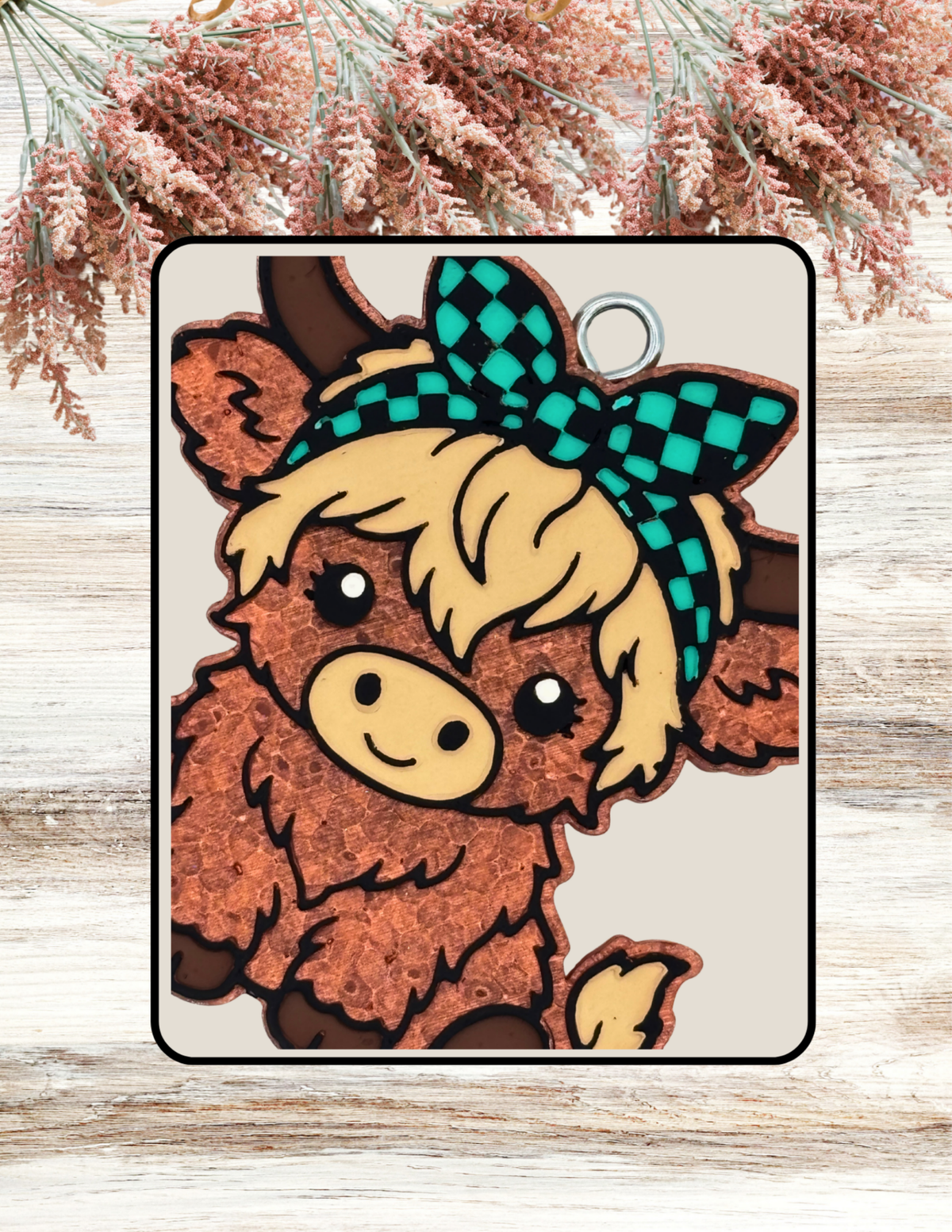 Freshie Highland Cow with Checkered Headband Teal