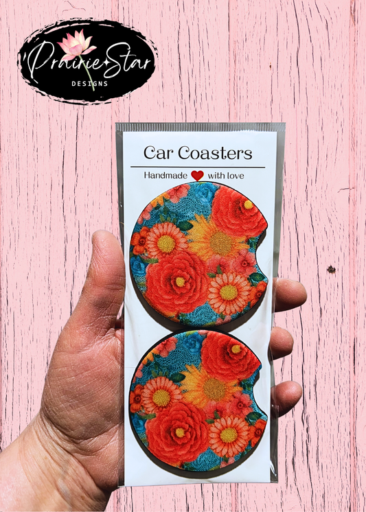 Car Coaster Summer Floral Teal Coral