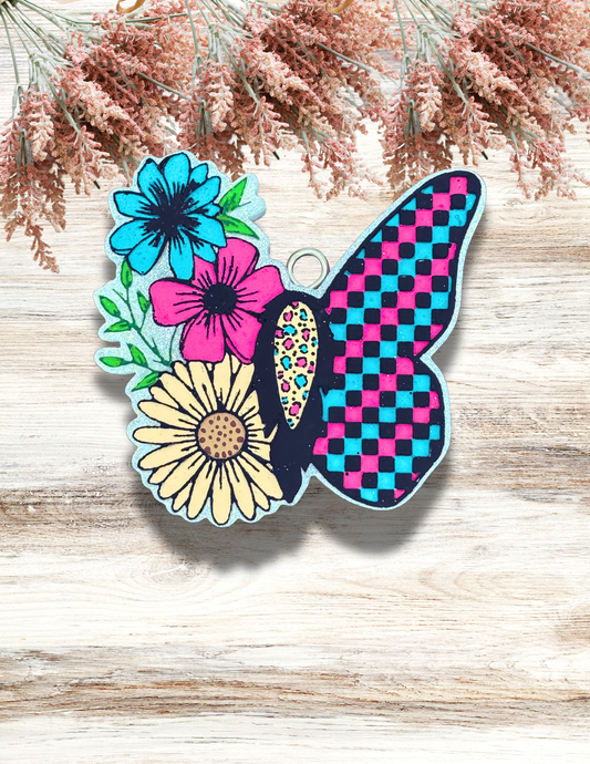 Freshie Floral Checkered Butterfly Pink Teal Black