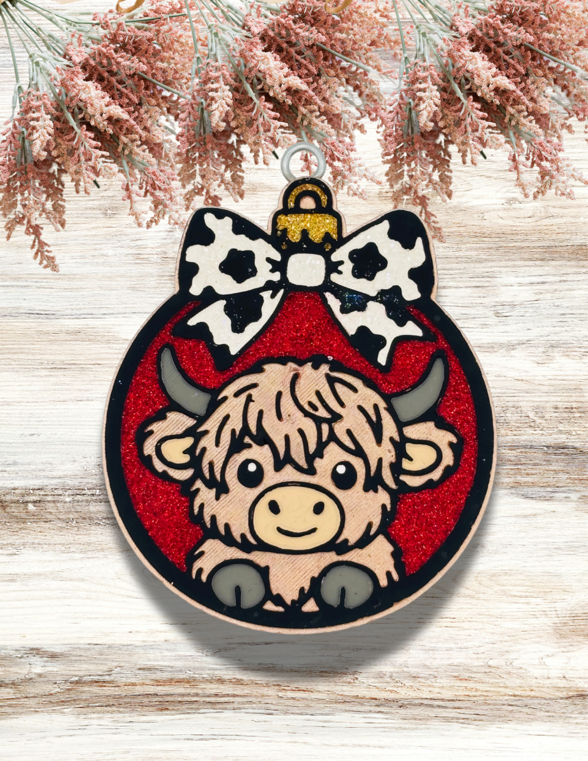 Freshie Highland Cow Christmas Bulb with Bow Red