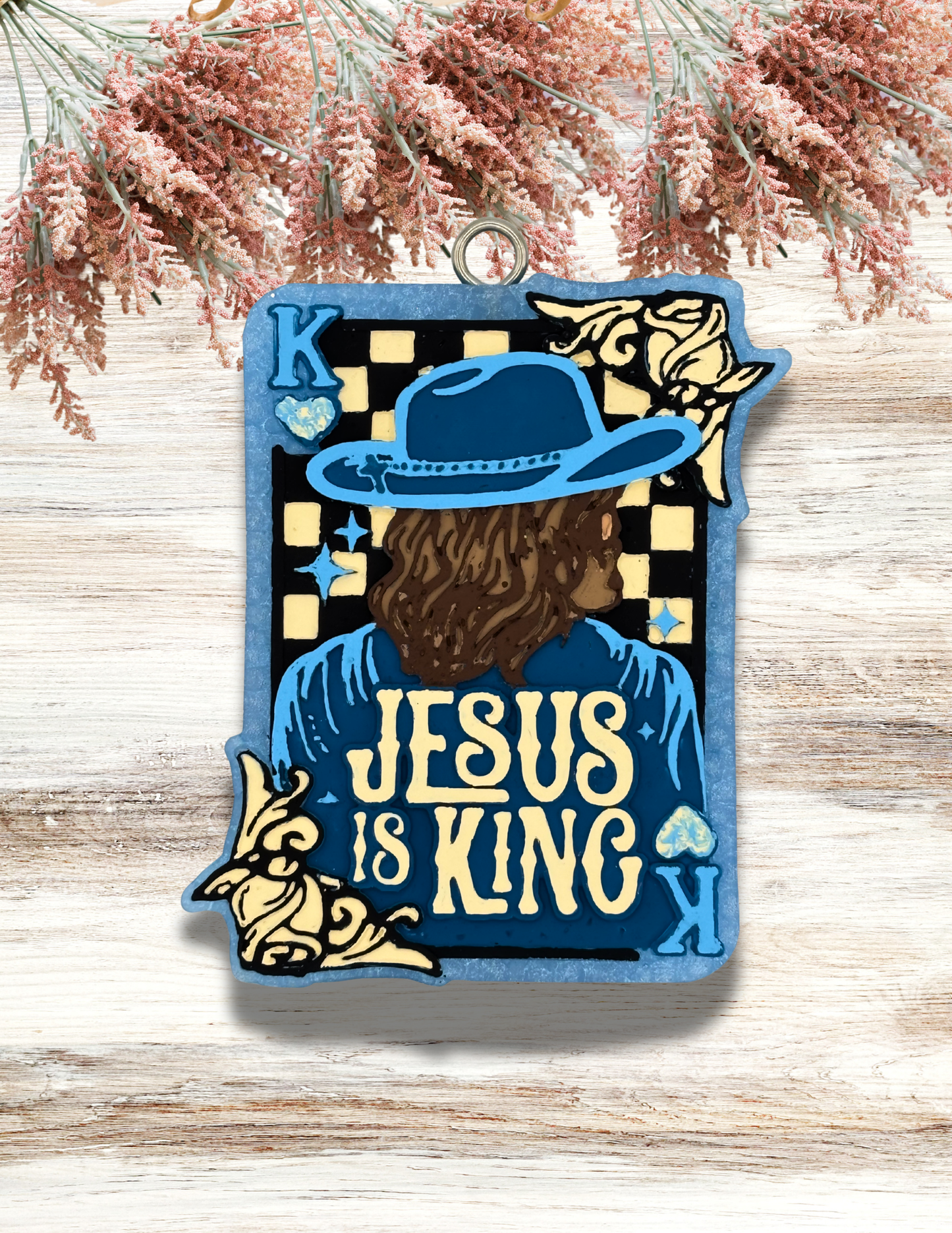 Freshie Jesus Is King Checkered Playing Card Blue Ivory