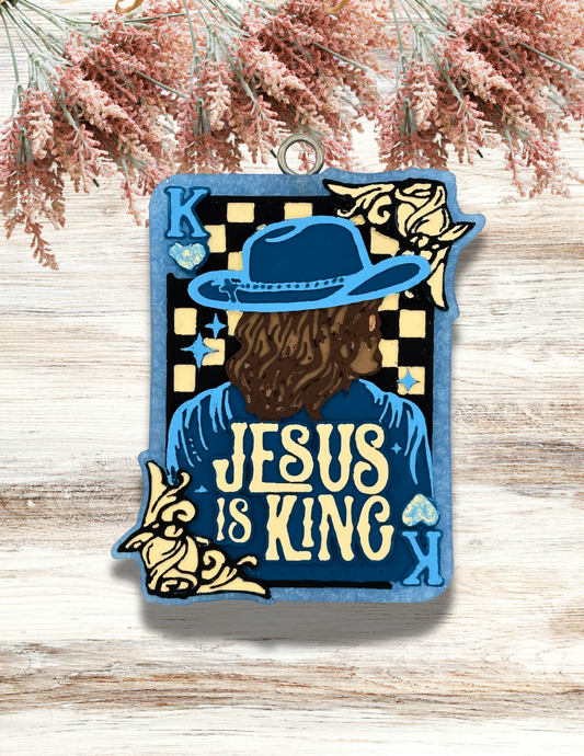 Freshie Jesus Is King Checkered Playing Card Blue Ivory