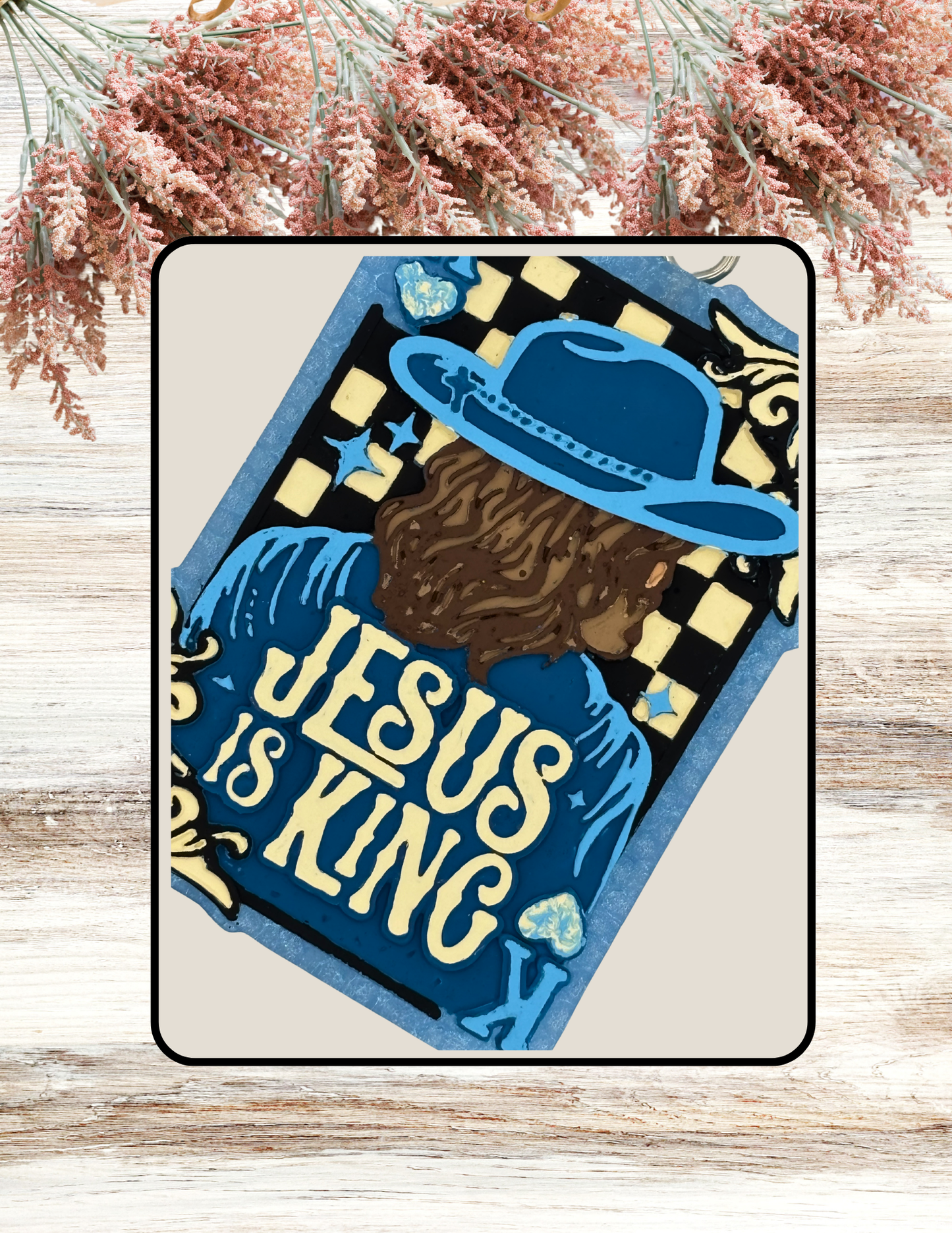 Freshie Jesus Is King Checkered Playing Card Blue Ivory