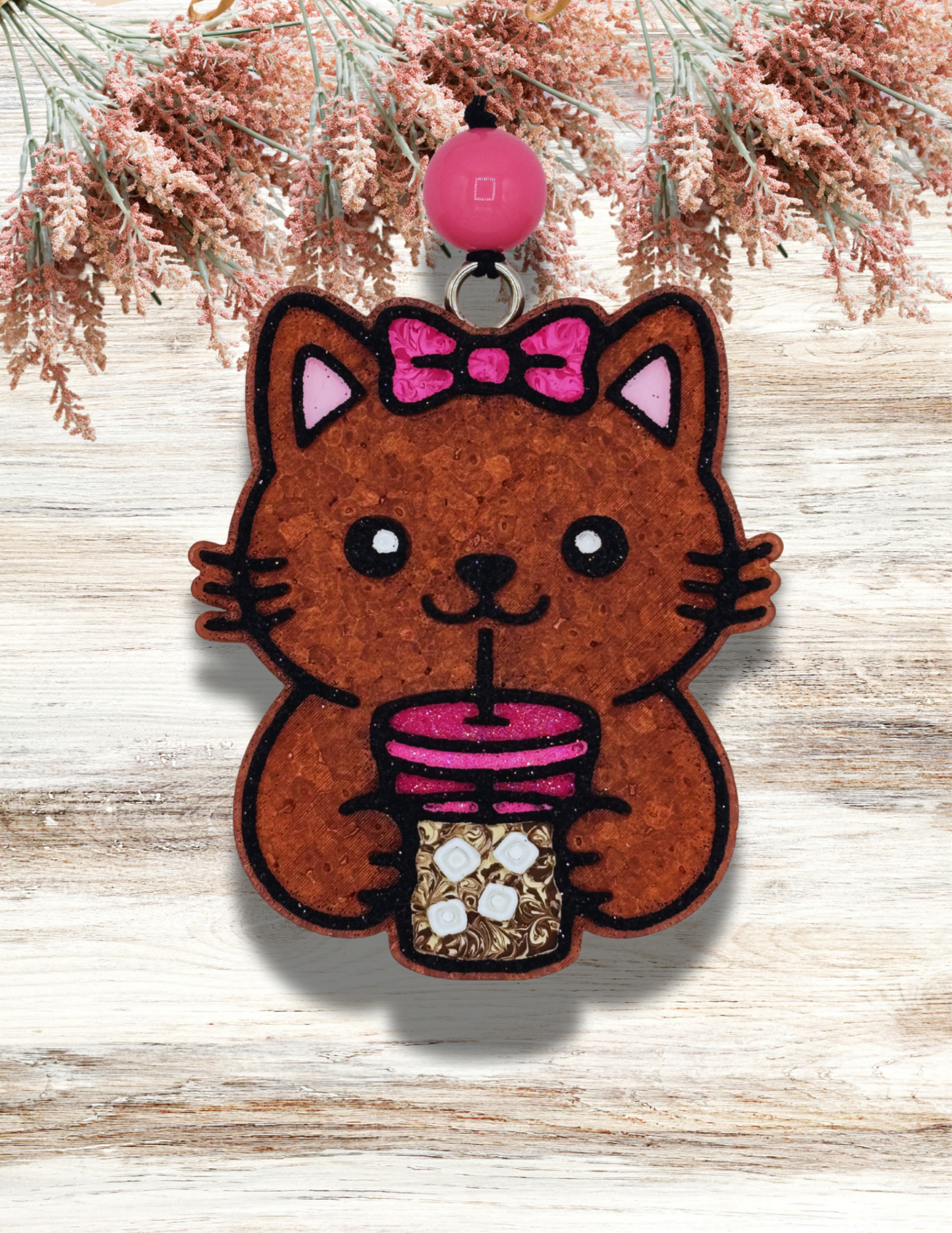 Freshie Cat with Iced Drink Brown Pink