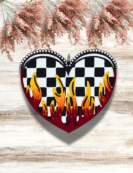 Freshie Checkered Heart with Flame Black White