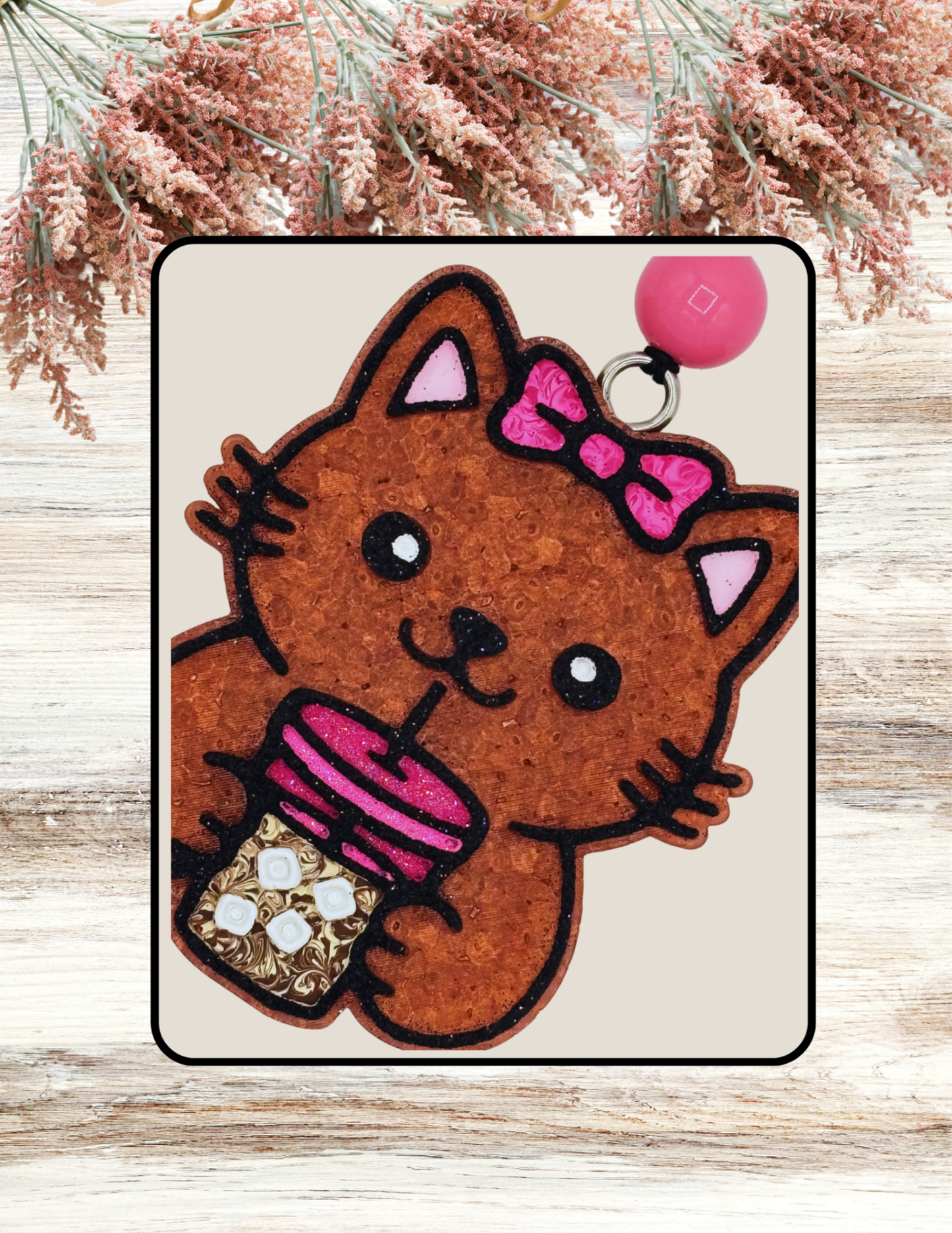 Freshie Cat with Iced Drink Brown Pink