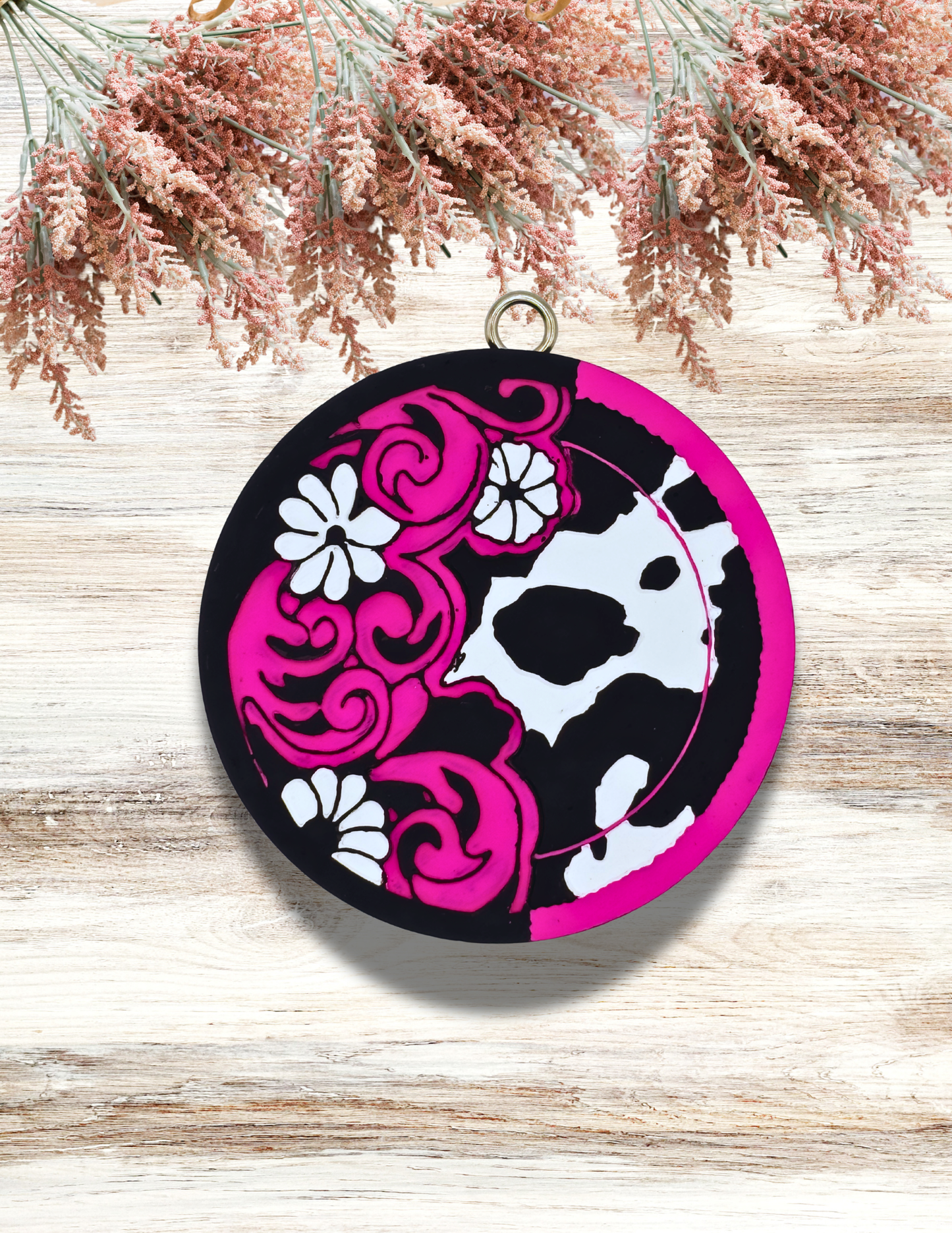 Freshie Cowprint Floral Scroll Round Pink Black White