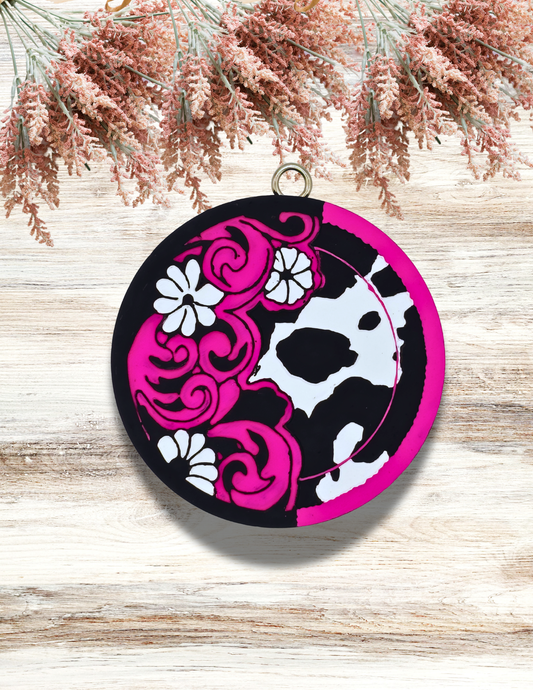 Freshie Cowprint Floral Scroll Round Pink Black White