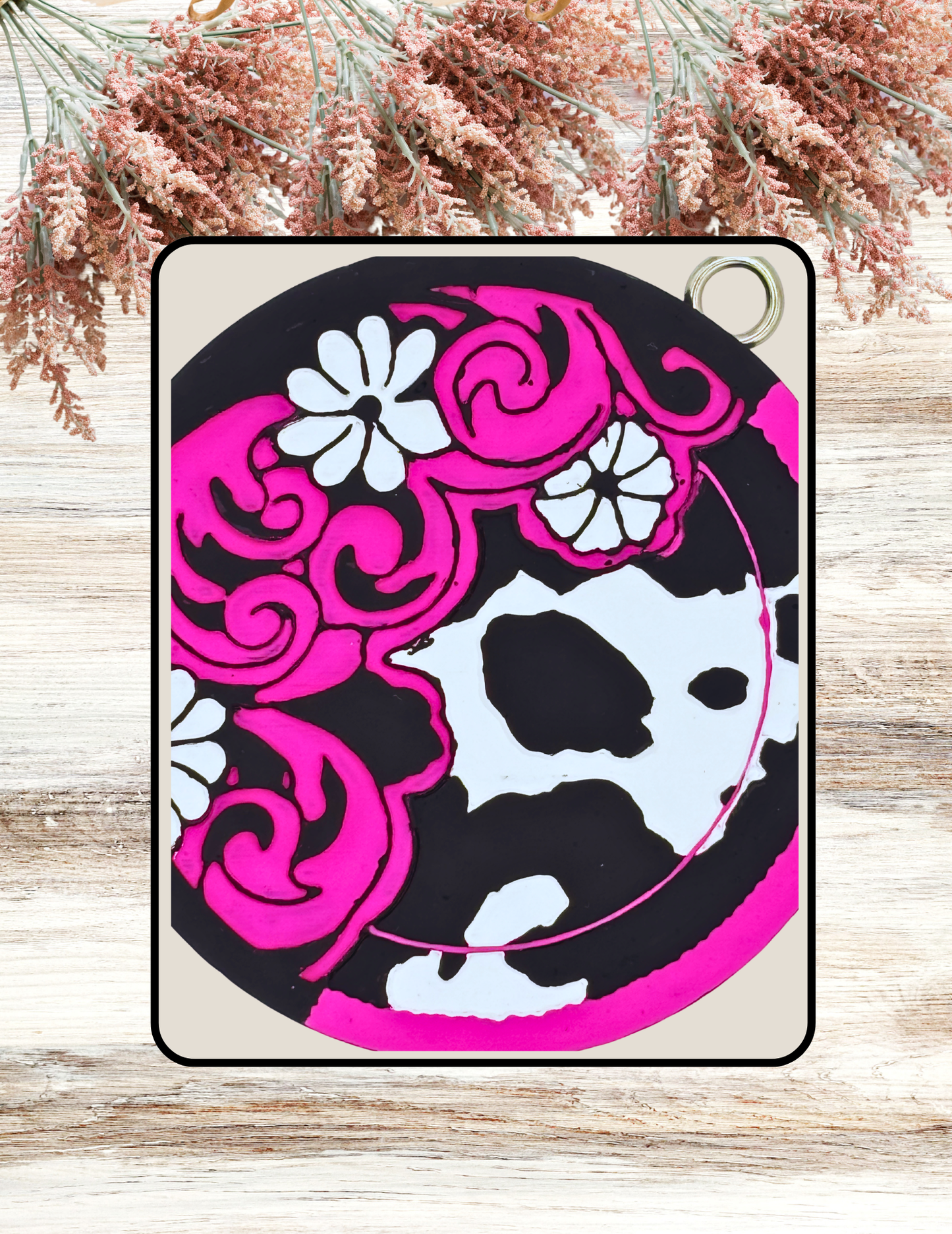 Freshie Cowprint Floral Scroll Round Pink Black White