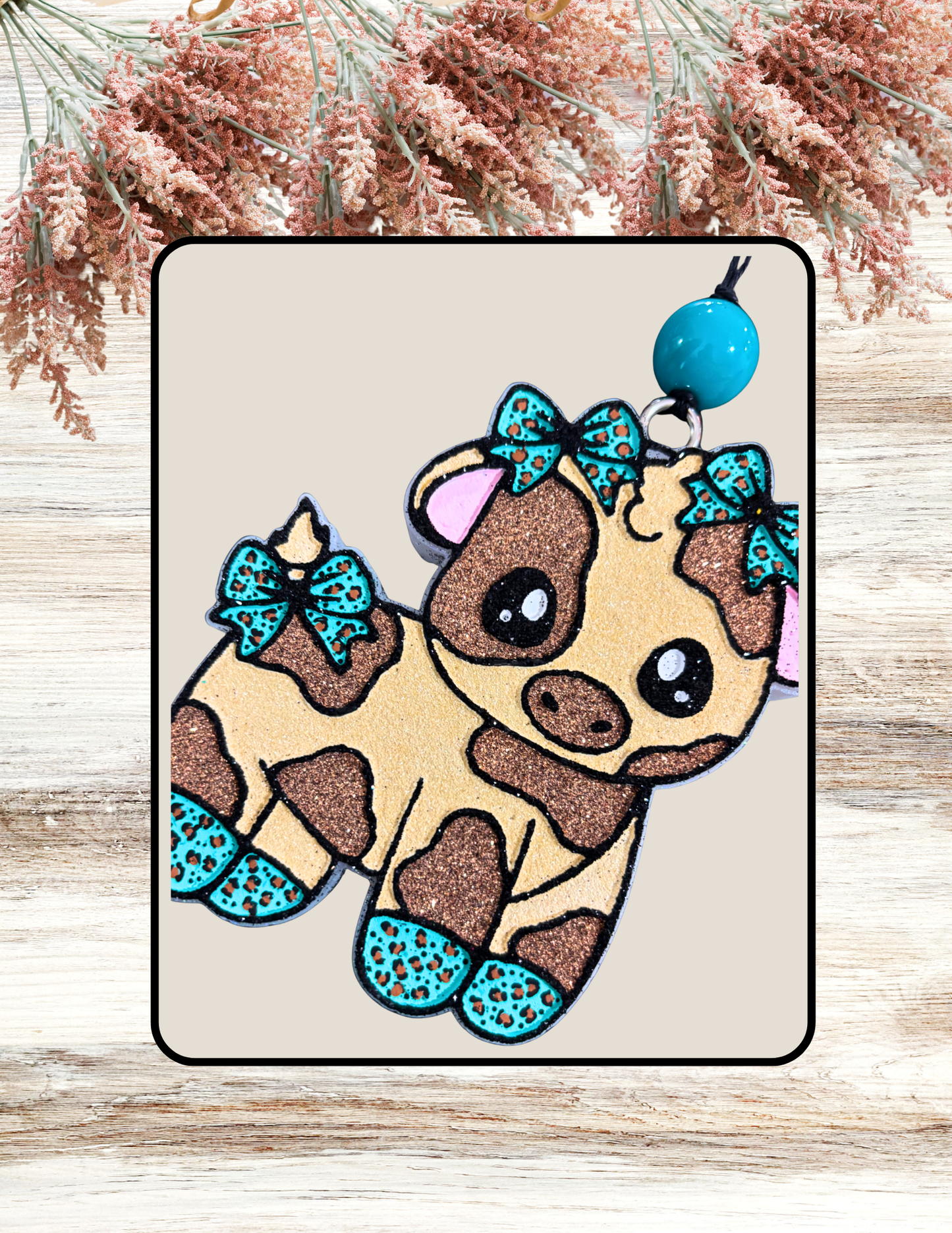 Freshie Cute Cow with Leopard Bows Teal