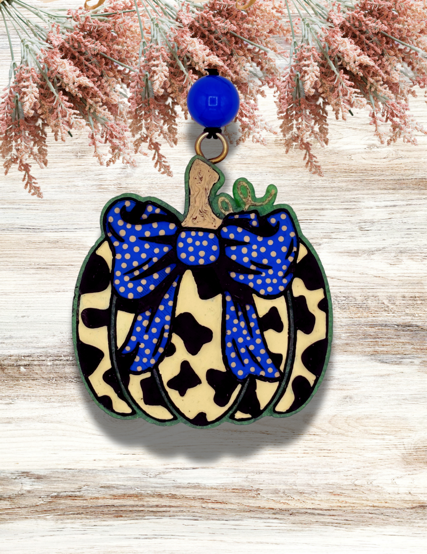 Freshie Cow Print Pumpkin with Bow Blue Dot
