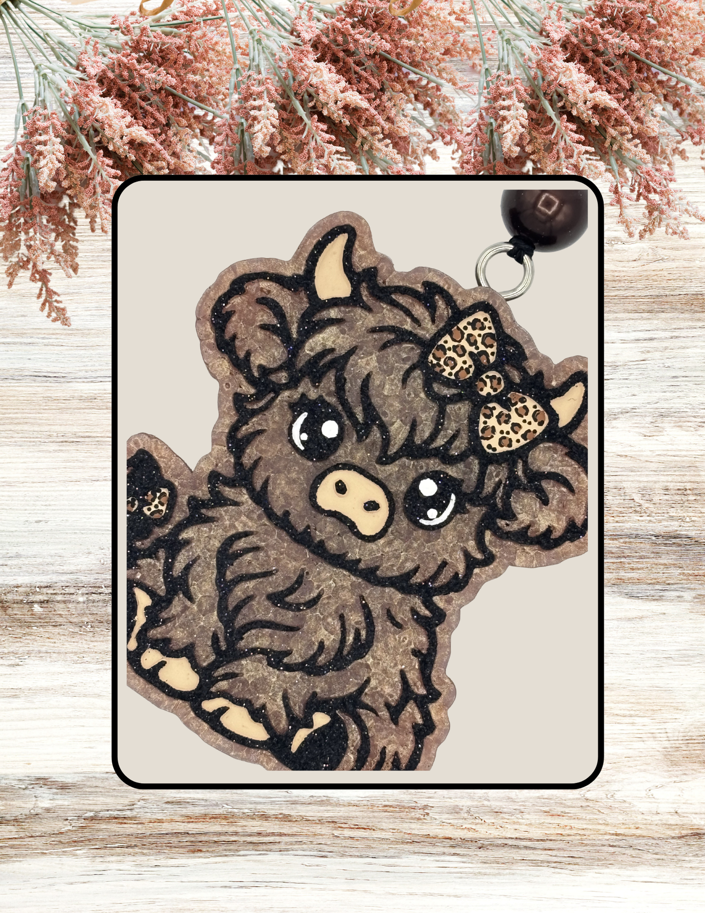 Freshie Highland Cow with Leopard Bow Tan