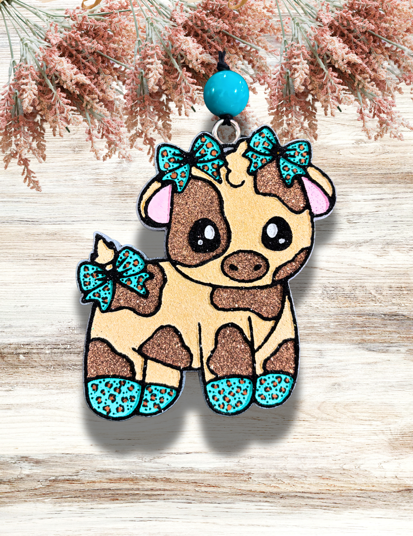 Freshie Cute Cow with Leopard Bows Teal