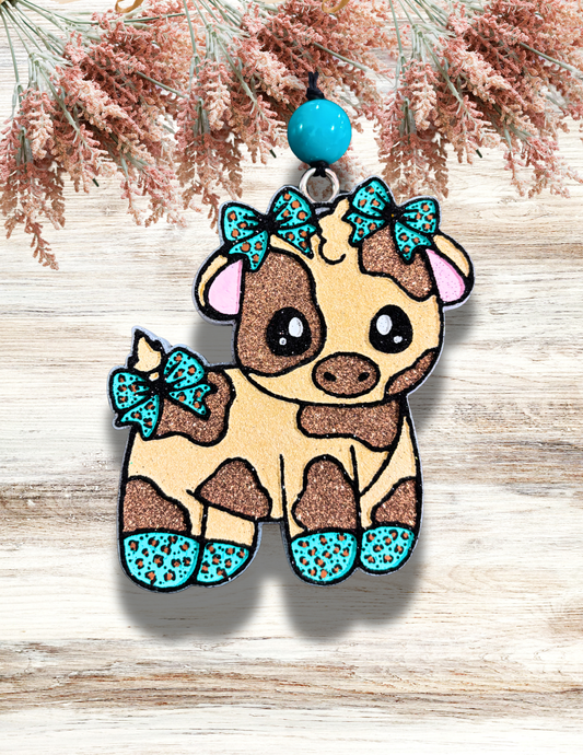 Freshie Cute Cow with Leopard Bows Teal